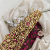 Vriksham Peacock Embossed Lakshmi Waist Ornament Bridal Hipbalt-Red-Gold Bead-G19629